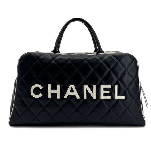 CHANEL VINTAGE MATELASSE LOGO BOSTON HAND BAG BLACK WHITE LEATHER 90295830 - PURPOSE