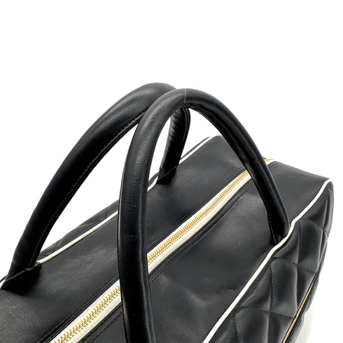 CHANEL VINTAGE MATELASSE LOGO BOSTON HAND BAG BLACK WHITE LEATHER 90295830 - PURPOSE