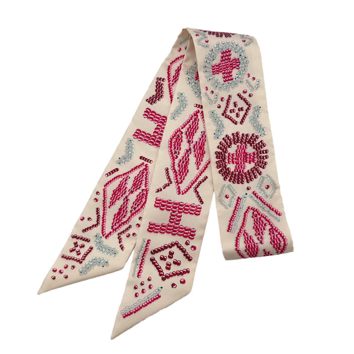HERMES TWILLY KELLY EN PERLES SCARF IVORY PINK SILK 90295856
