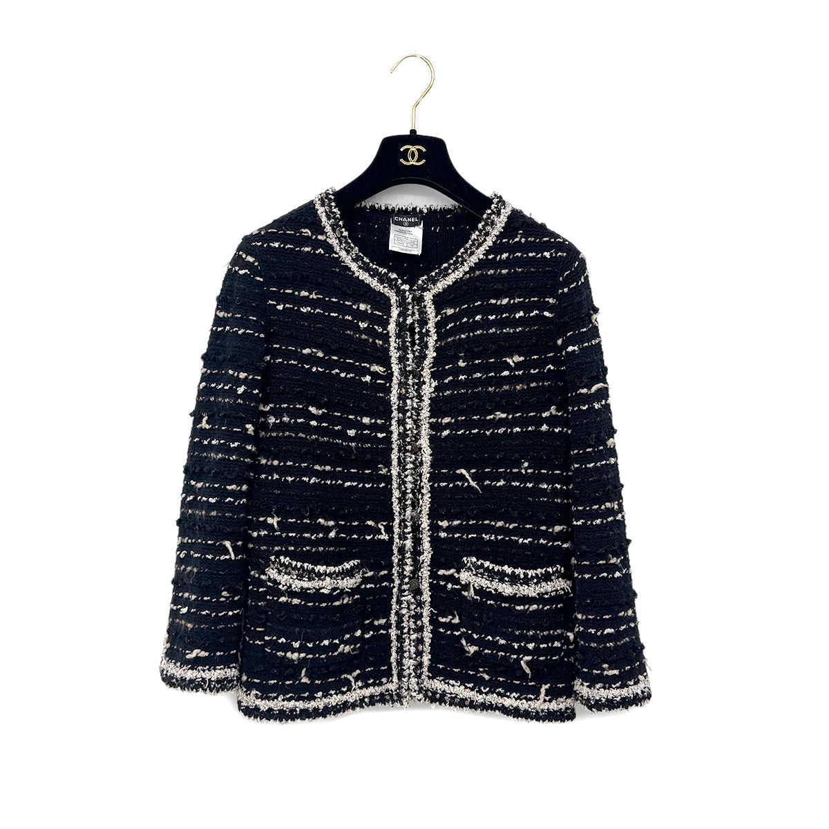 CHANEL COCO BUTTON TWEED KNIT CARDIGAN BLACK BEIGE WOOL 38 05A RTW 90295858