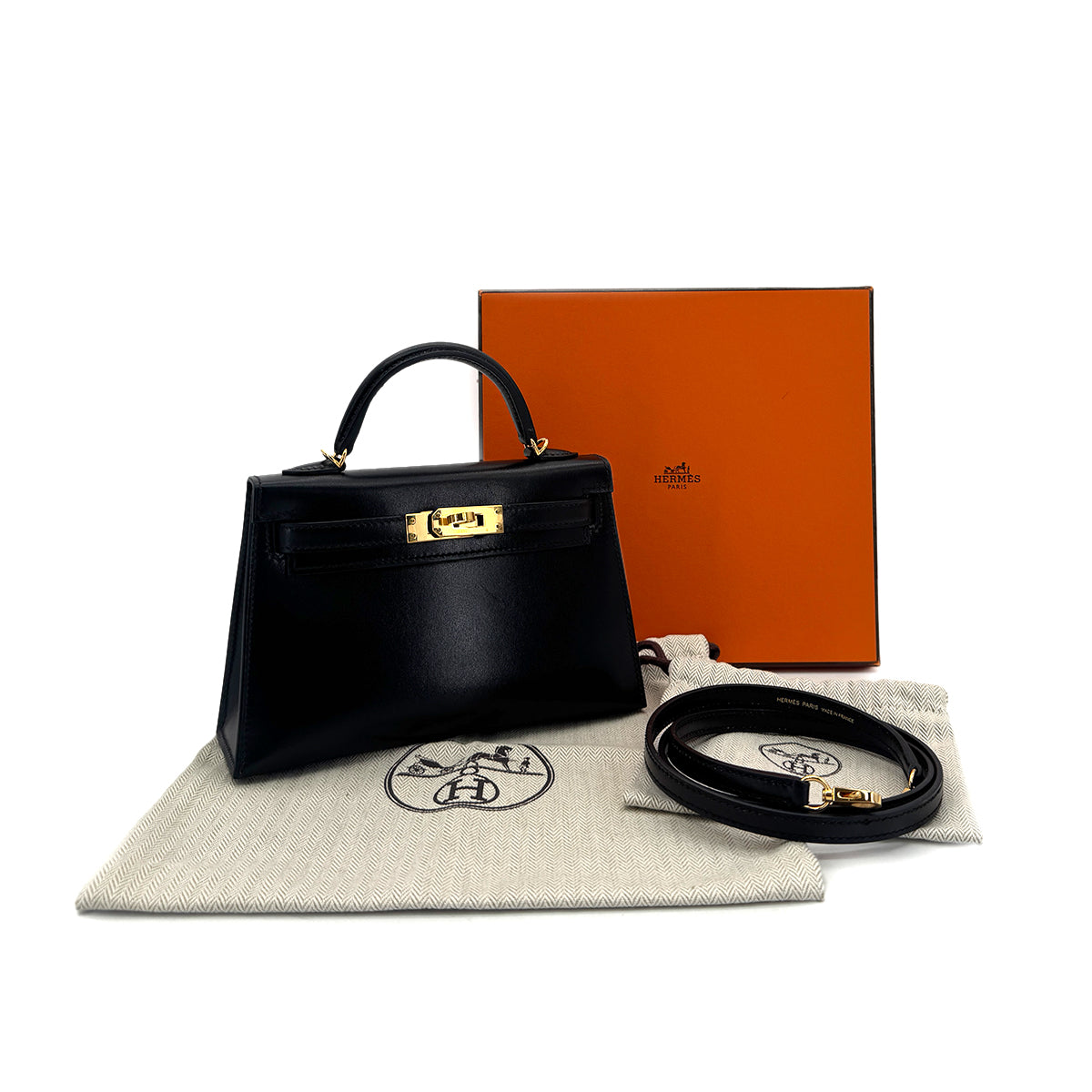HERMES MINI KELLY 2 BLACK BOX CALF HAND SHOULDER BAG U GHW 90296046
