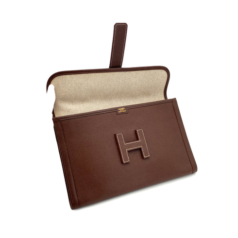 HERMES JIGE PM MARRON FONCE COURCHEVEL CLUTCH BAG 〇X 90296051 - PURPOSE