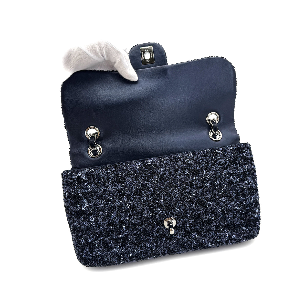 CHANEL CHAIN SHOULDER BAG NAVY SEQUINS 90296052