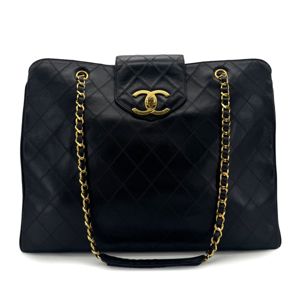 CHANEL VINTAGE SUPER MODEL BICOLORE CHAIN TOTE BAG BLACK LEATHER 90296212 - PURPOSE