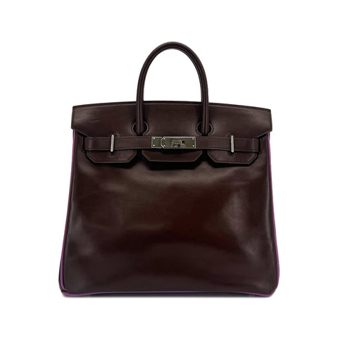 HERMES HAUT A COURROIES 28 BICOLOR CHOCOLAT CYCLAMEN BOX CALF HAND BAG ▢I SHW 90296251 - PURPOSE