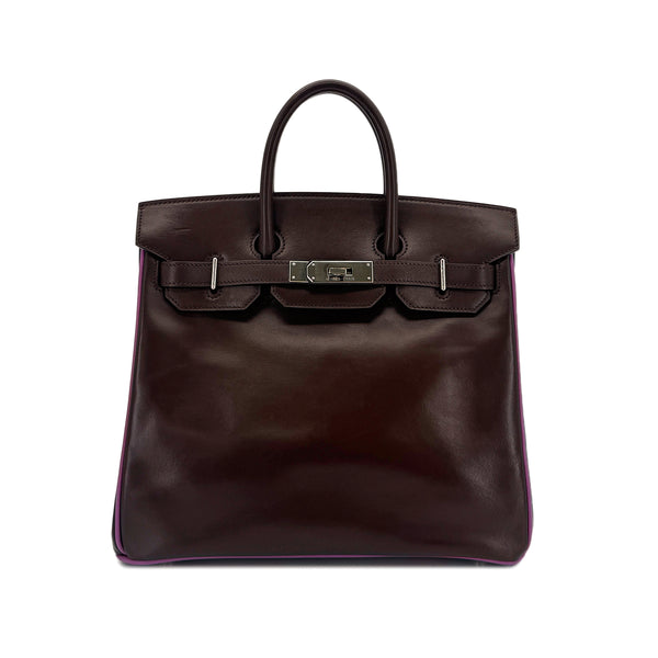 HERMES HAUT A COURROIES 28 BICOLOR CHOCOLAT CYCLAMEN BOX CALF HAND BAG ▢I SHW 90296251 - PURPOSE