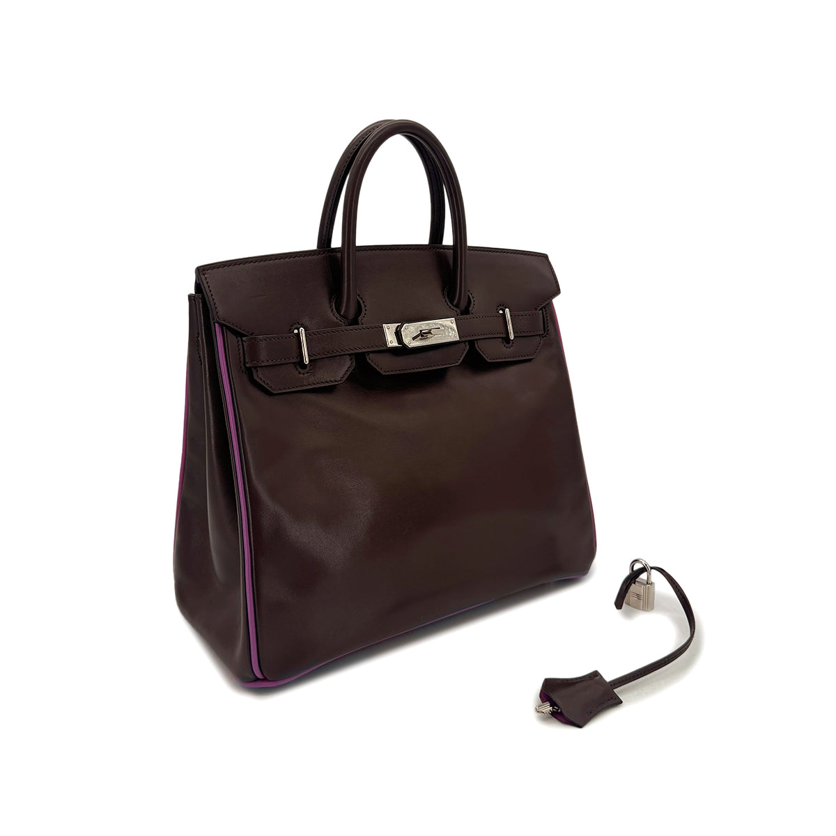 HERMES HAUT A COURROIES 28 BICOLOR CHOCOLAT CYCLAMEN BOX CALF HAND BAG ▢I SHW 90296251