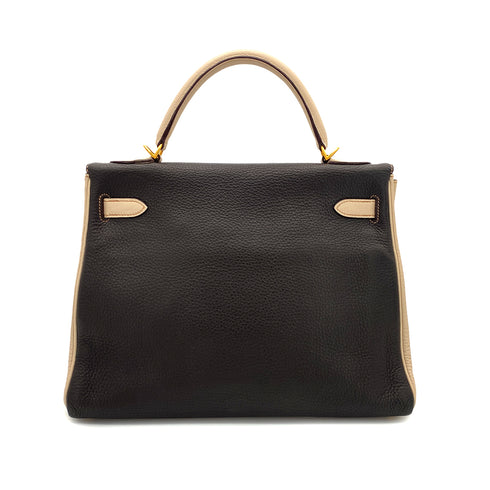 HERMES KELLY 32 RETOURNE TRICOLORE TABAC CAMEL ARGILE CHOCOLAT TAURILLON CLEMENCE HAND SHOULDER BAG □G GHW 90296446 - PURPOSE