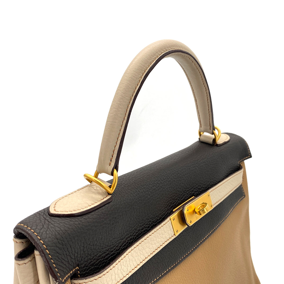 HERMES KELLY 32 RETOURNE TRICOLORE TABAC CAMEL ARGILE CHOCOLAT TAURILLON CLEMENCE HAND SHOULDER BAG □G GHW 90296446