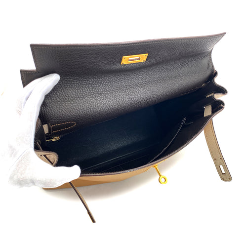 HERMES KELLY 32 RETOURNE TRICOLORE TABAC CAMEL ARGILE CHOCOLAT TAURILLON CLEMENCE HAND SHOULDER BAG □G GHW 90296446 - PURPOSE