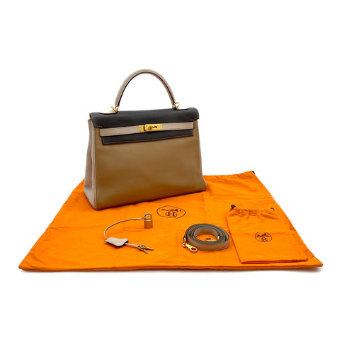 HERMES KELLY 32 RETOURNE TRICOLORE TABAC CAMEL ARGILE CHOCOLAT TAURILLON CLEMENCE HAND SHOULDER BAG □G GHW 90296446 - PURPOSE