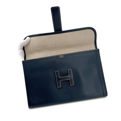 HERMES JIGE PM BLUE INDIGO COUCHEVEL CLUTCH BAG 〇Y 90296453 - PURPOSE
