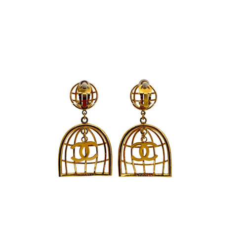 CHANEL VINTAGE EARRINGS BIRDCAGE COCOMARK GOLD ACCESSORY 93P 90296457