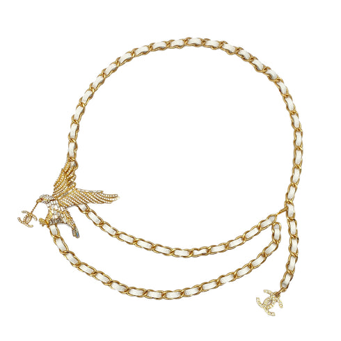 CHANEL COCOMARK EAGLE CHAIN BELT RHINESTONE LEATHER WHITE ACCESSORY 01P 90296471