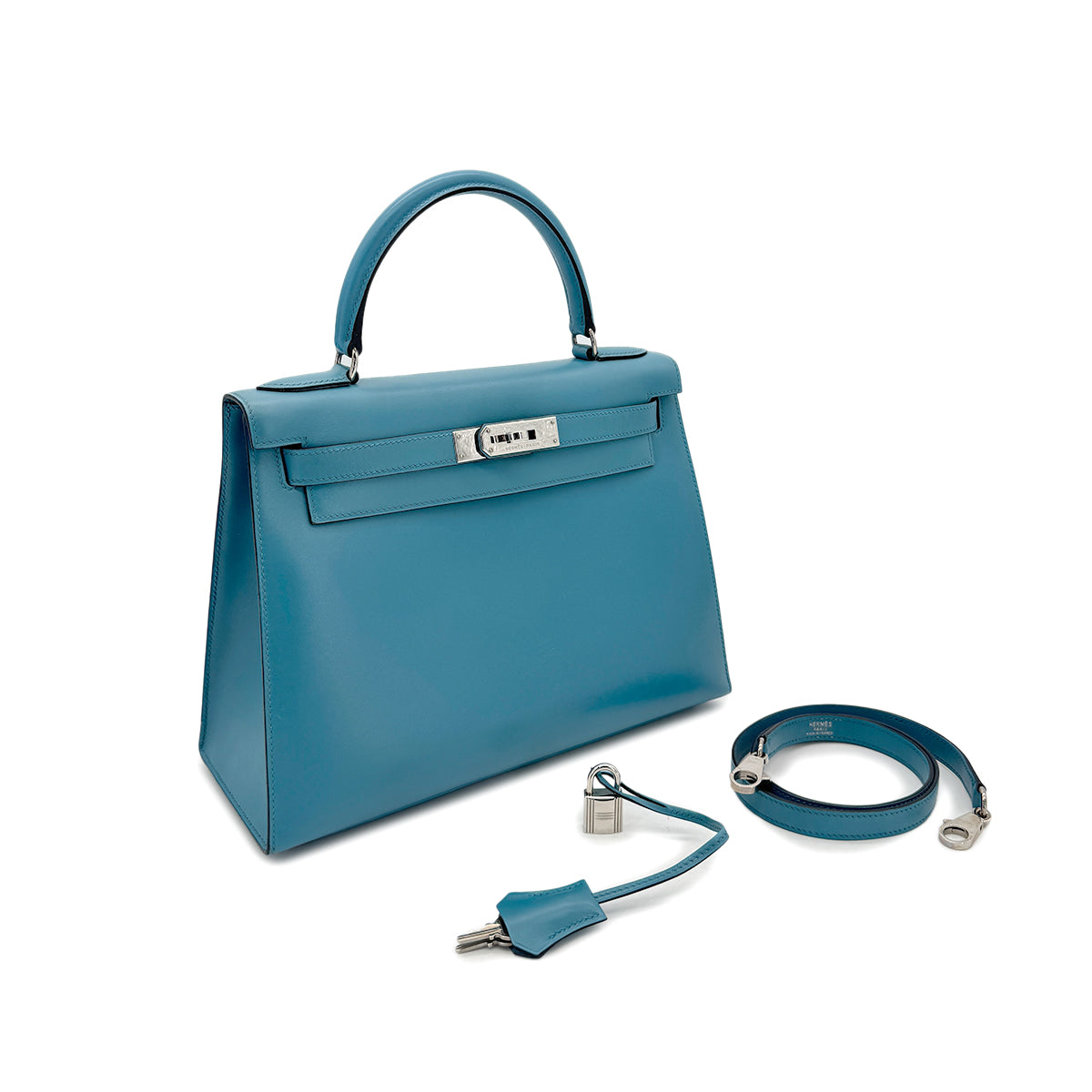 HERMES KELLY 28 SELLIER TURQUOISE BOXCALF HAND SHOULDER BAG □O SHW 90296564