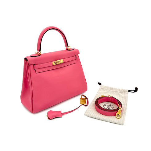 HERMES KELLY 25 RETOURNE ROSE AZALEE SWIFT HAND SHOULDER BAG D GHW 90296570 - PURPOSE