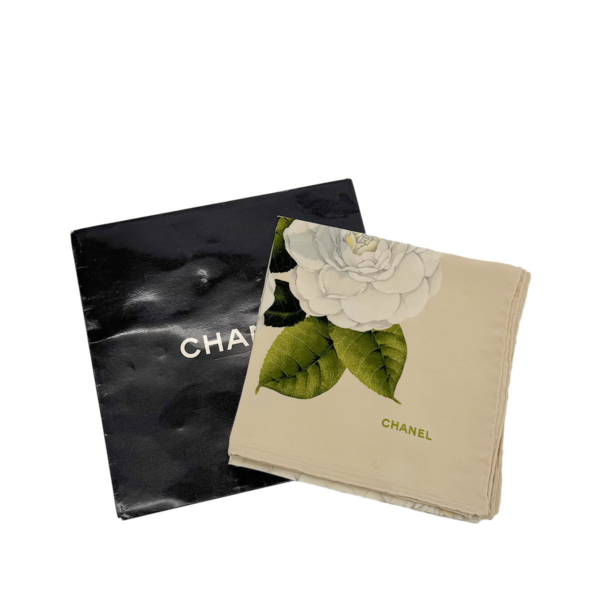 CHANEL VINTAGE CAMELLIA SCARF BEIGE WHITE SILK 90296578