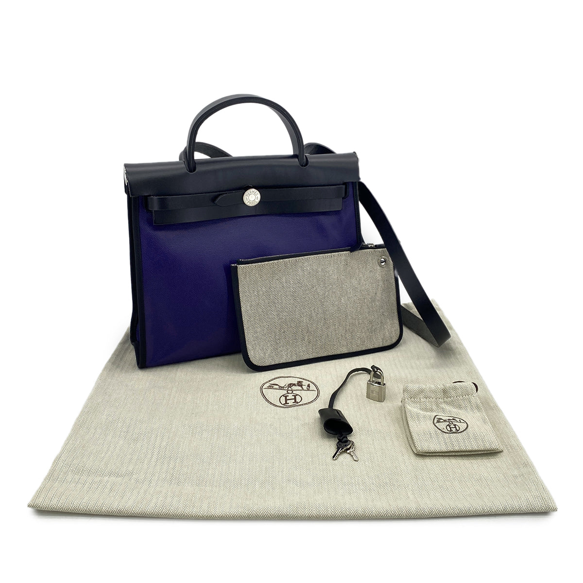HERMES HER BAG ZIP PM 31 BLEU ENCRE BLACK TOILE H BERLINE VACHE HUNTER HAND SHOULDER BAG C 90296673