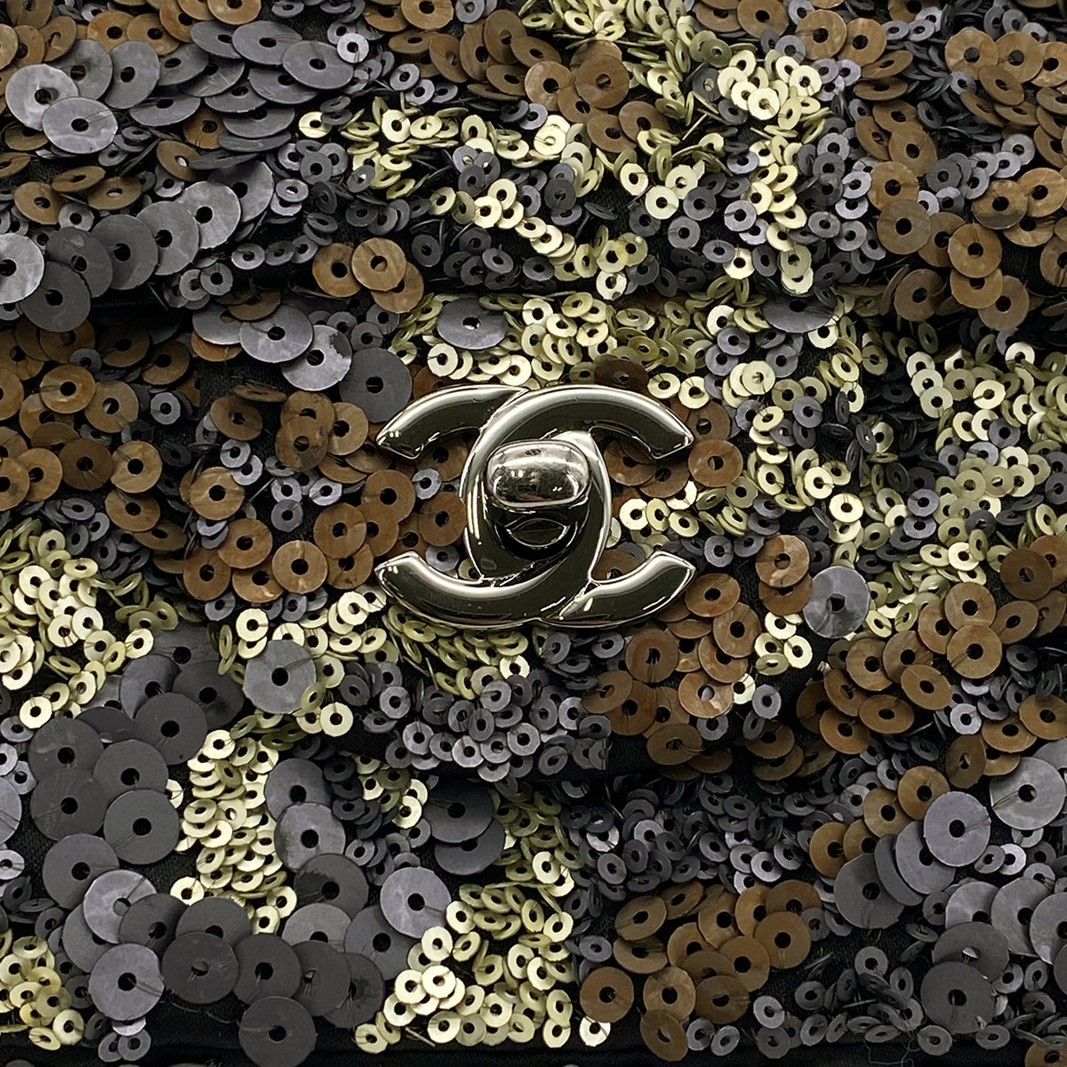 CHANEL CHAIN SHOULDER BAG GRAY BRONZE SEQUINS LEATHER 90296680