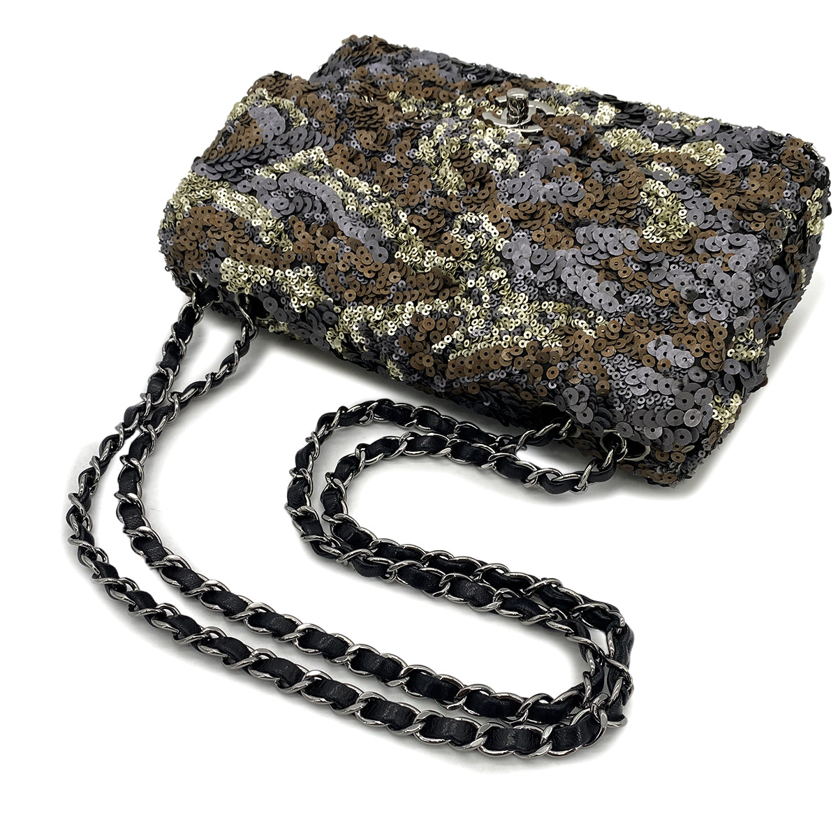 CHANEL CHAIN SHOULDER BAG GRAY BRONZE SEQUINS LEATHER 90296680