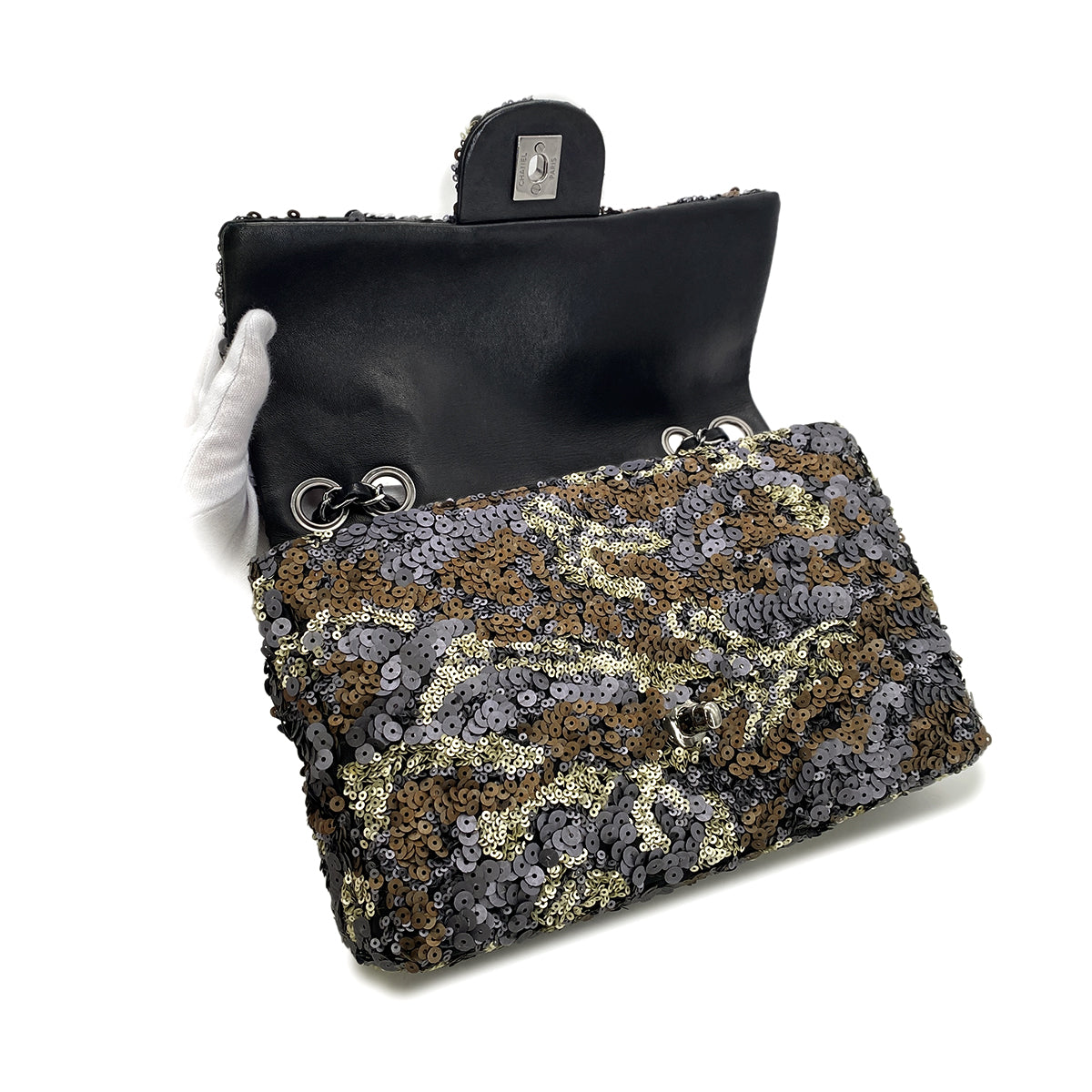 CHANEL CHAIN SHOULDER BAG GRAY BRONZE SEQUINS LEATHER 90296680