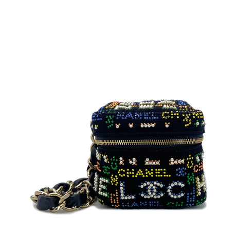 CHANEL VANITY LOGO COCOMARK RHINESTONE FAUX PEARL CHAIN HAND BAG MULTICOLOR CANVAS 90296684