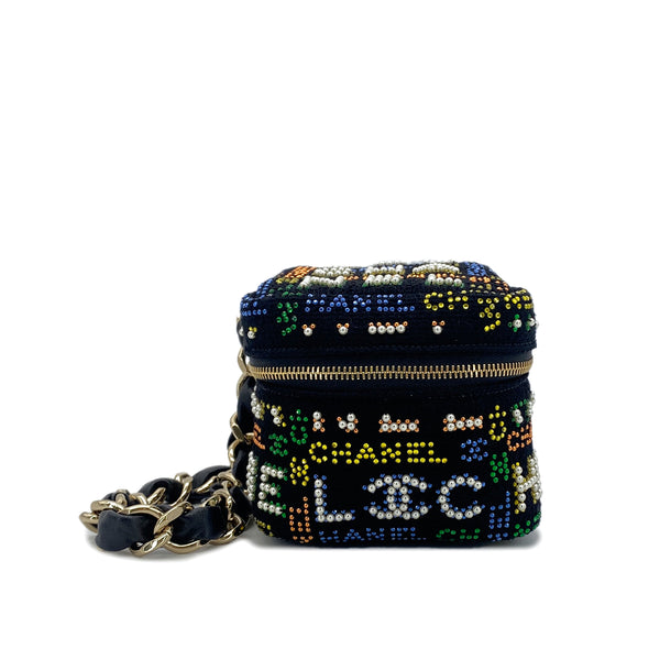 CHANEL VANITY LOGO COCOMARK RHINESTONE FAUX PEARL CHAIN HAND BAG MULTICOLOR CANVAS 90296684