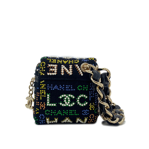 CHANEL VANITY LOGO COCOMARK RHINESTONE FAUX PEARL CHAIN HAND BAG MULTICOLOR CANVAS 90296684