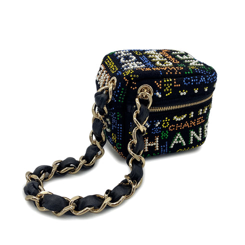 CHANEL VANITY LOGO COCOMARK RHINESTONE FAUX PEARL CHAIN HAND BAG MULTICOLOR CANVAS 90296684