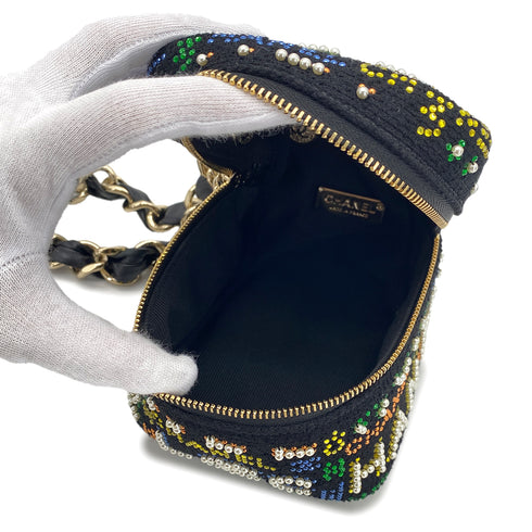 CHANEL VANITY LOGO COCOMARK RHINESTONE FAUX PEARL CHAIN HAND BAG MULTICOLOR CANVAS 90296684