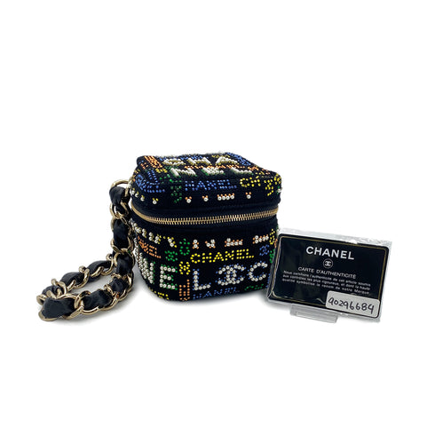 CHANEL VANITY LOGO COCOMARK RHINESTONE FAUX PEARL CHAIN HAND BAG MULTICOLOR CANVAS 90296684