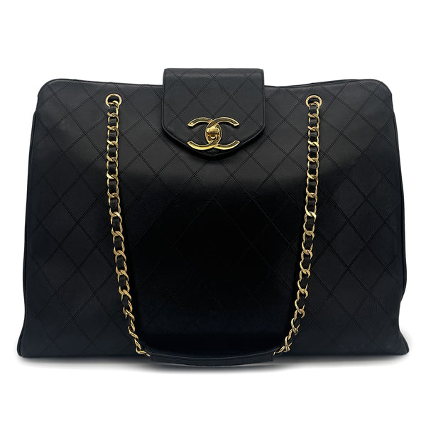 CHANEL VINTAGE SUPER MODEL BICOLORE CHAIN TOTE BAG BLACK LEATHER 90296729 - PURPOSE
