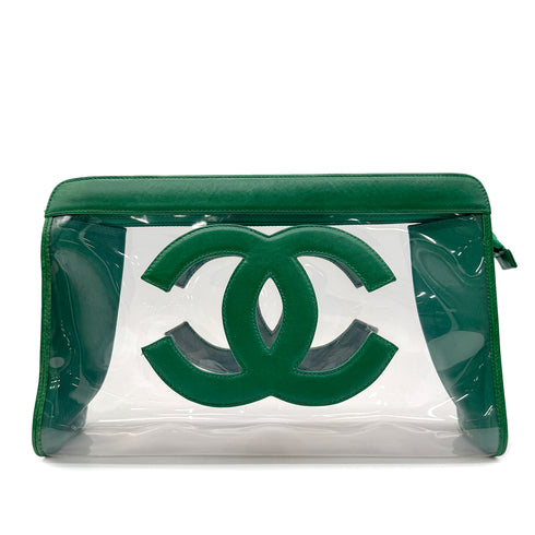 CHANEL VINTAGE BIG COCO CLEAR CLUTCH BAG POUCH GREEN VINYL LAMB SKIN 90296732 - PURPOSE
