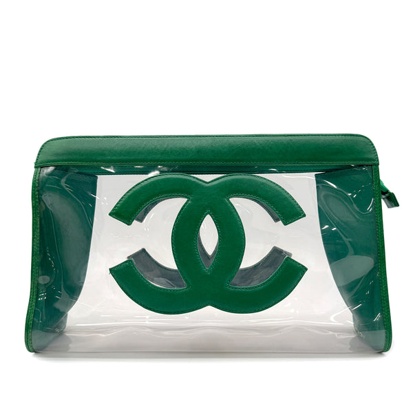 CHANEL VINTAGE BIG COCO CLEAR CLUTCH BAG POUCH GREEN VINYL LAMB SKIN 90296732 - PURPOSE