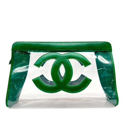 CHANEL VINTAGE BIG COCO CLEAR CLUTCH BAG POUCH GREEN VINYL LAMB SKIN 90296732 - PURPOSE