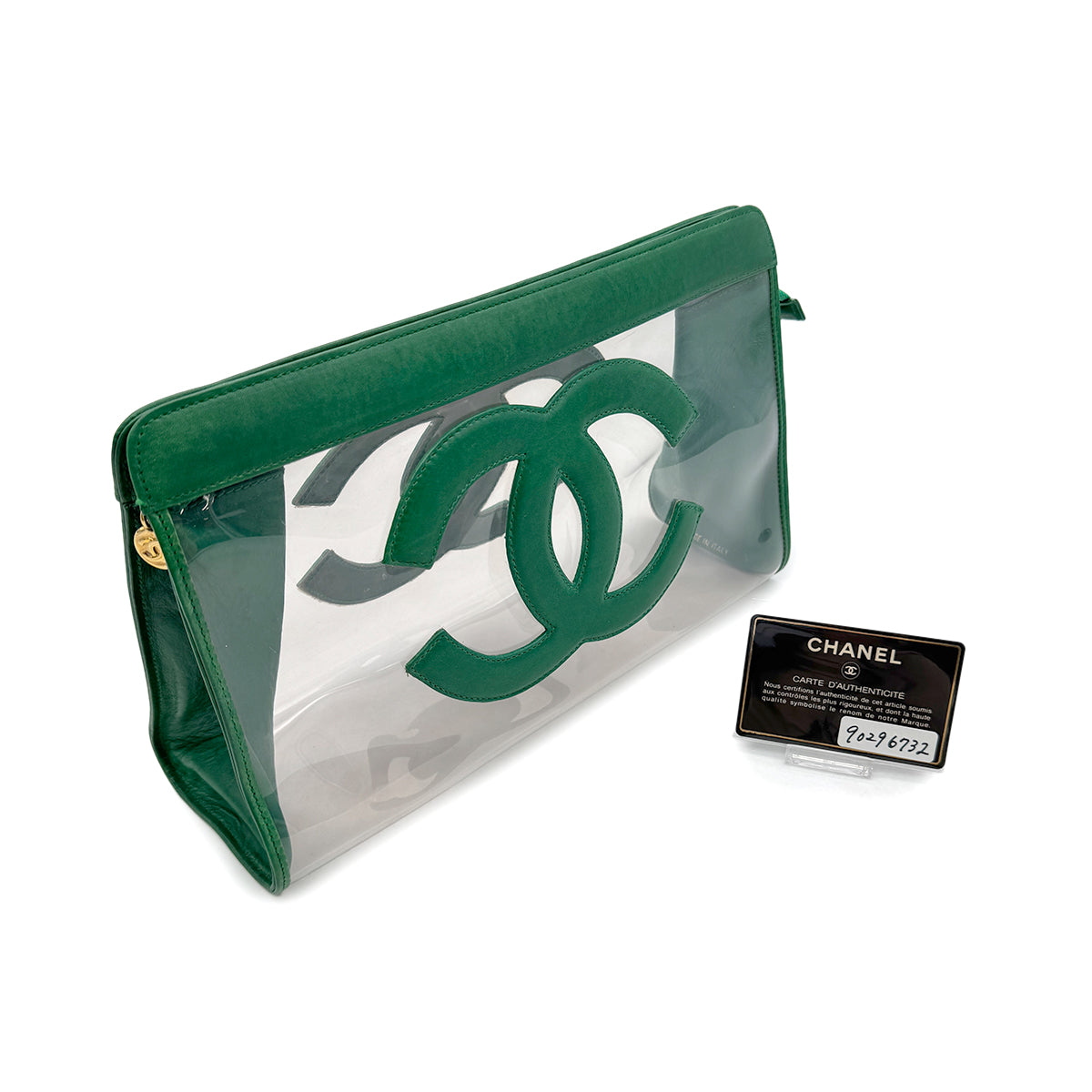 CHANEL VINTAGE BIG COCO CLEAR CLUTCH BAG POUCH GREEN VINYL LAMB SKIN 90296732
