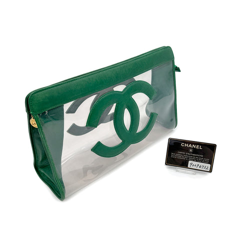 CHANEL VINTAGE BIG COCO CLEAR CLUTCH BAG POUCH GREEN VINYL LAMB SKIN 90296732 - PURPOSE