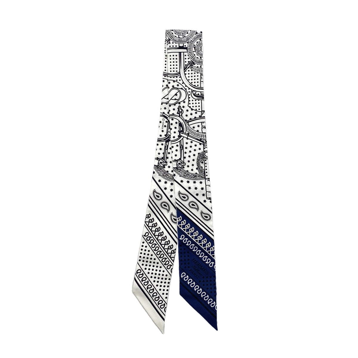 HERMES TWILLY EPERON D'OR SCARF WHITE NAVY BLACK SILK 90296735