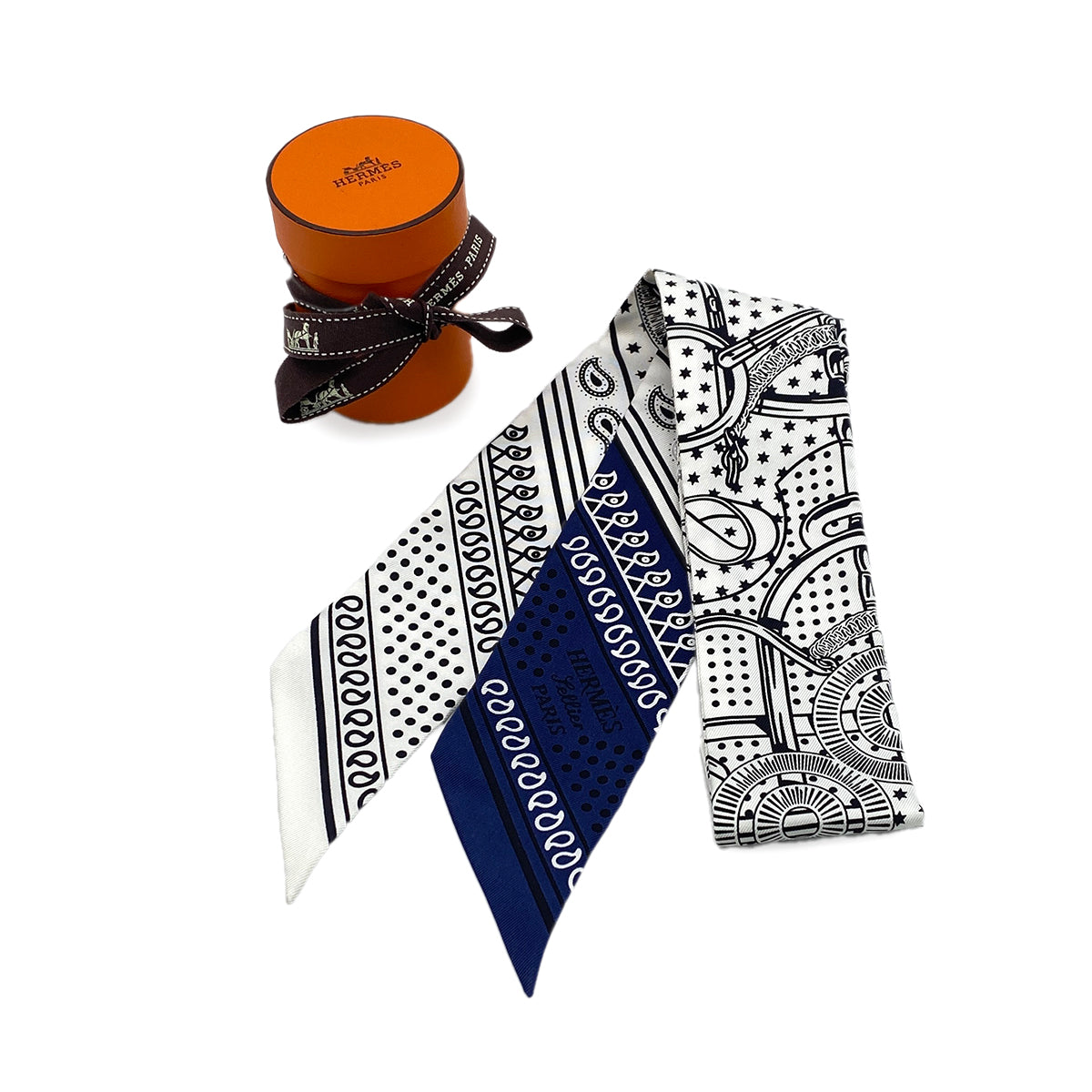 HERMES TWILLY EPERON D'OR SCARF WHITE NAVY BLACK SILK 90296735