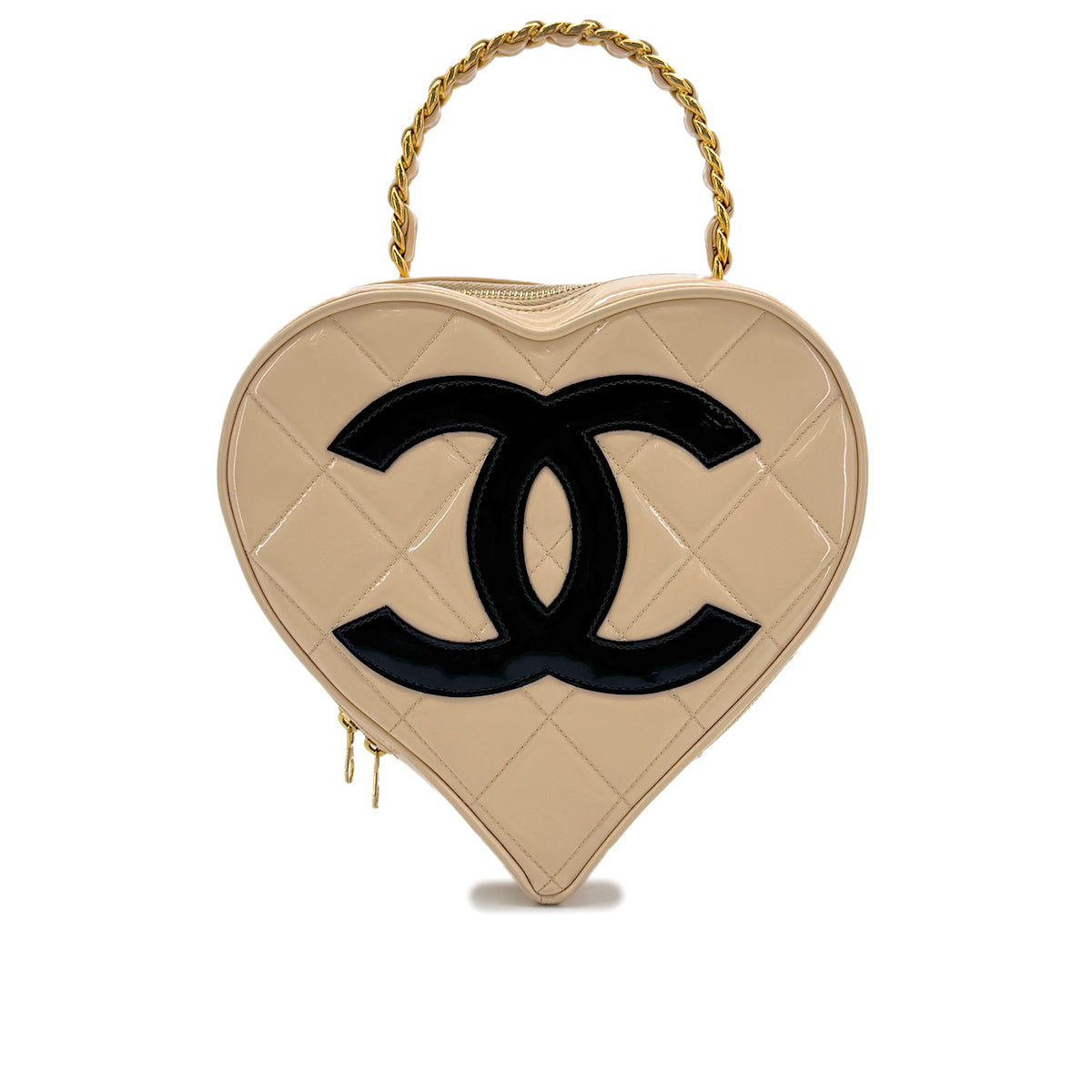 CHANEL VINTAGE MATELASSE HEART VANITY HAND BAG BEIGE BLACK ENAMEL 90297257