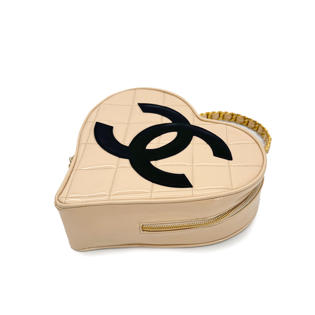 CHANEL VINTAGE MATELASSE HEART VANITY HAND BAG BEIGE BLACK ENAMEL 90297257