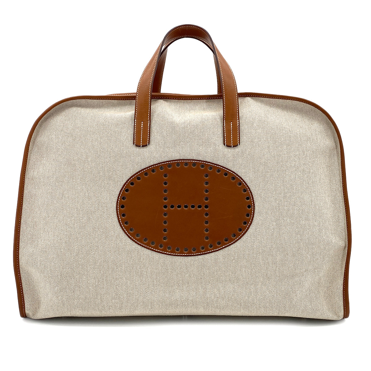 HERMES FEU DOU VOYAGE FAUVE ECRU VEAU BARENIA TOILE H BOSTON BAG □L 90297259