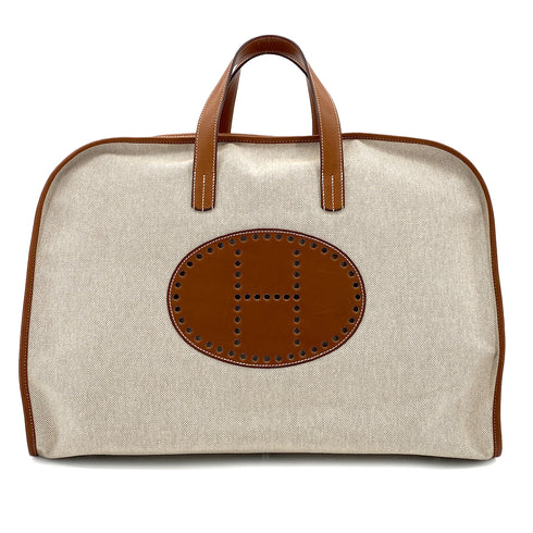 HERMES FEU DOU VOYAGE FAUVE ECRU VEAU BARENIA TOILE H BOSTON BAG □L 90297259 - PURPOSE