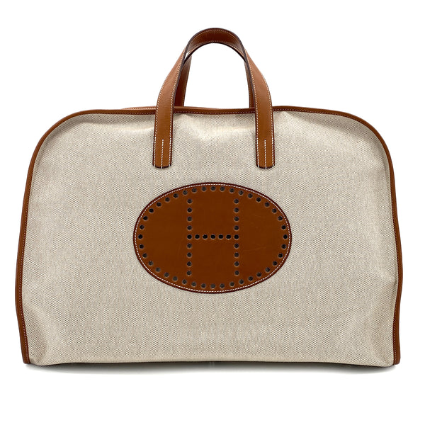 HERMES FEU DOU VOYAGE FAUVE ECRU VEAU BARENIA TOILE H BOSTON BAG □L 90297259 - PURPOSE