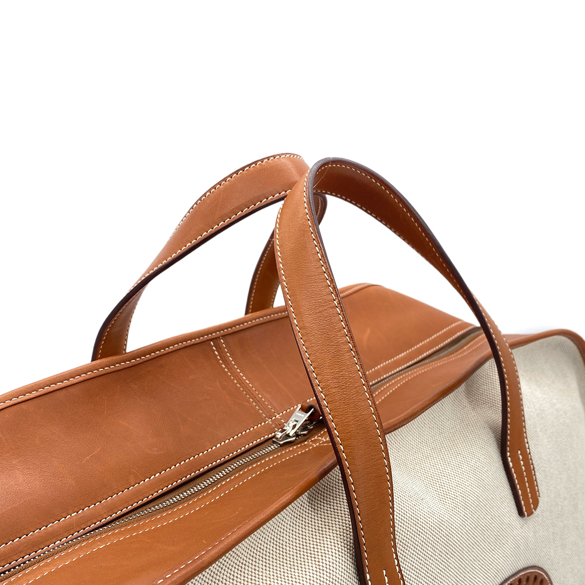 HERMES FEU DOU VOYAGE FAUVE ECRU VEAU BARENIA TOILE H BOSTON BAG □L 90297259