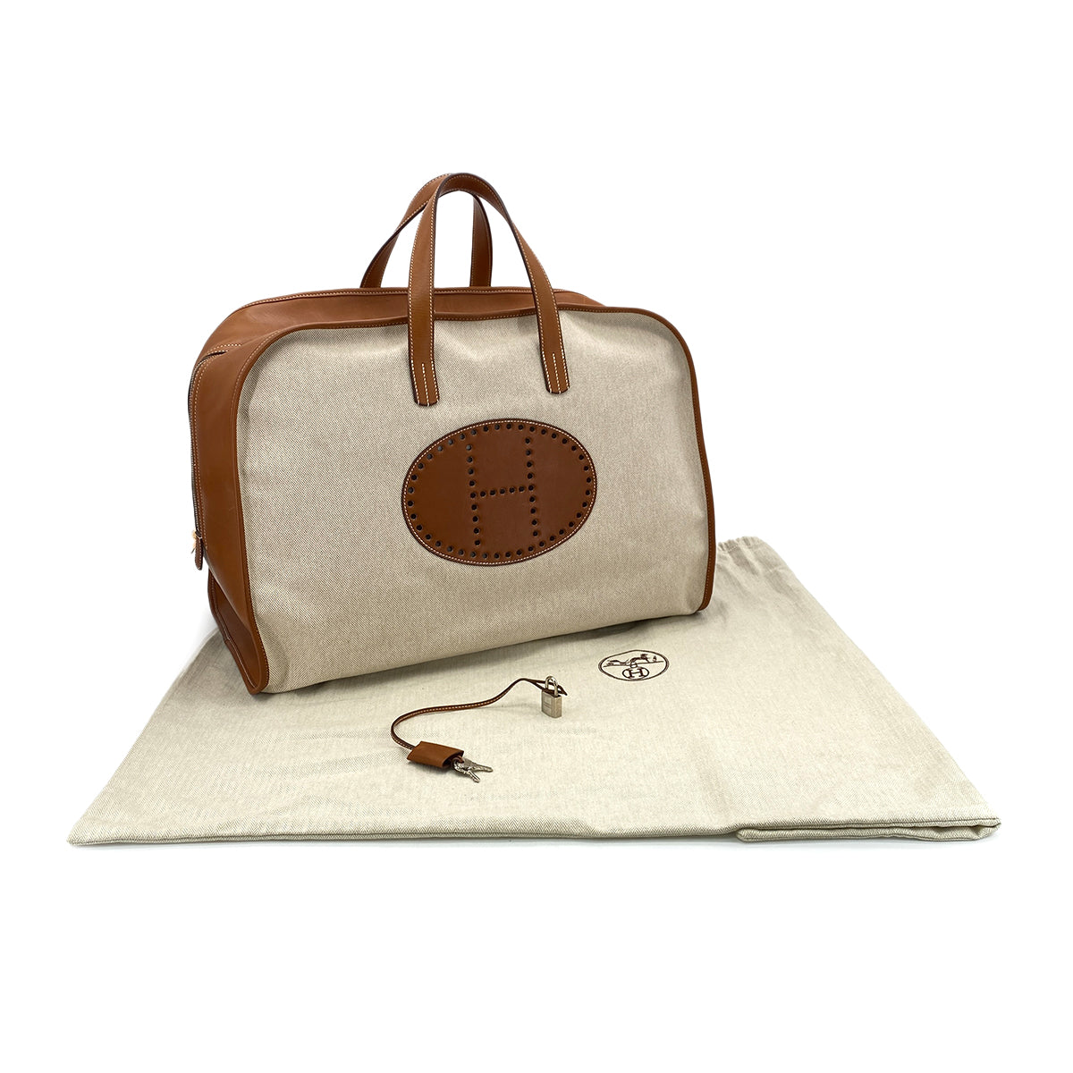 HERMES FEU DOU VOYAGE FAUVE ECRU VEAU BARENIA TOILE H BOSTON BAG □L 90297259