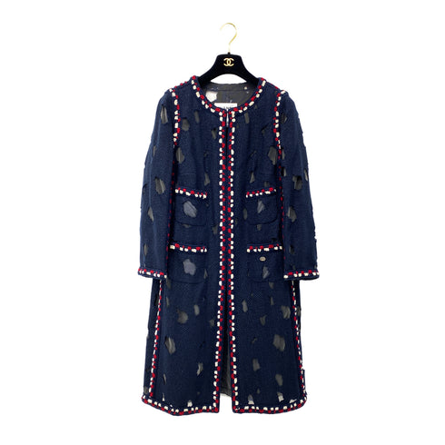 CHANEL COLLARLESS JACKET NAVY TWEED COTTON 44 P41 RTW 90297266