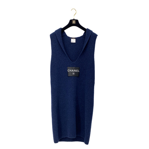 CHANEL VINTAGE COCOMARK LOGO SLEEVELESS KNIT DRESS NAVY CASHMERE 42 08C RTW 90297267