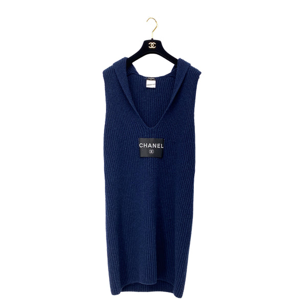 CHANEL VINTAGE COCOMARK LOGO SLEEVELESS KNIT DRESS NAVY CASHMERE 42 08C RTW 90297267
