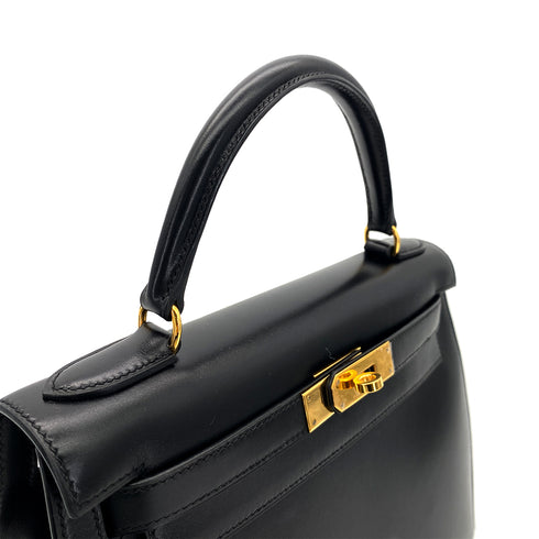 HERMES KELLY 28 SELLIER BLACK BOXCALF HAND SHOULDER BAG □A GHW 90297514 - PURPOSE